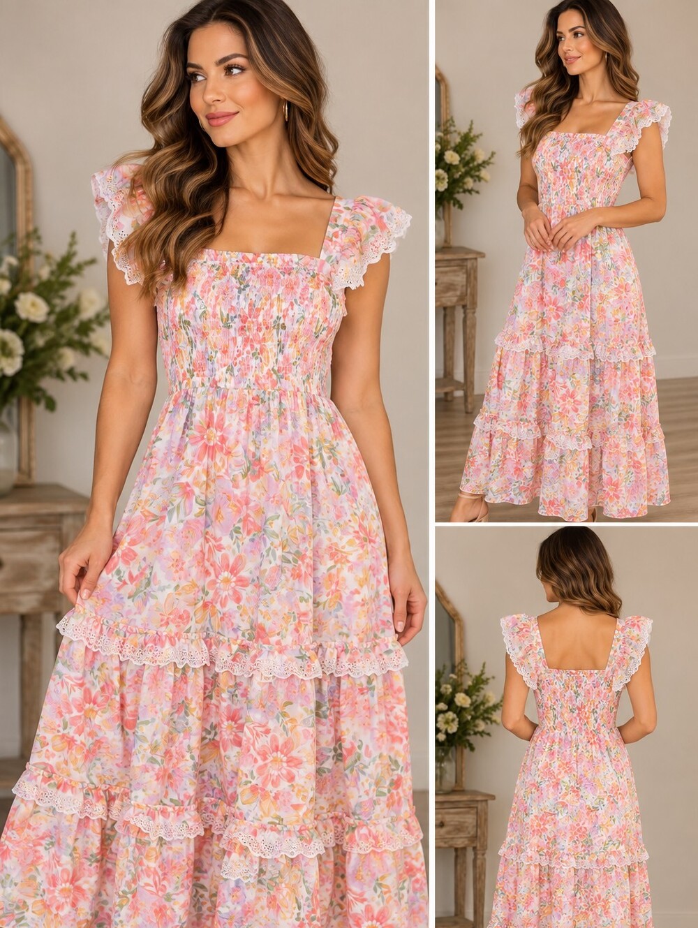 Haute Hippie Pink Floral Smocked Maxi Dress BOHO lace Cottagecore Vibes